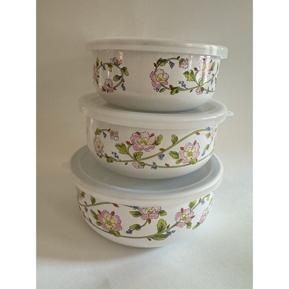 VTG Kobe Kitchen Enamel Pink Rose Floral 3 Nesting Store Heat Serve Bowls w/lids - Picture 1 of 9
